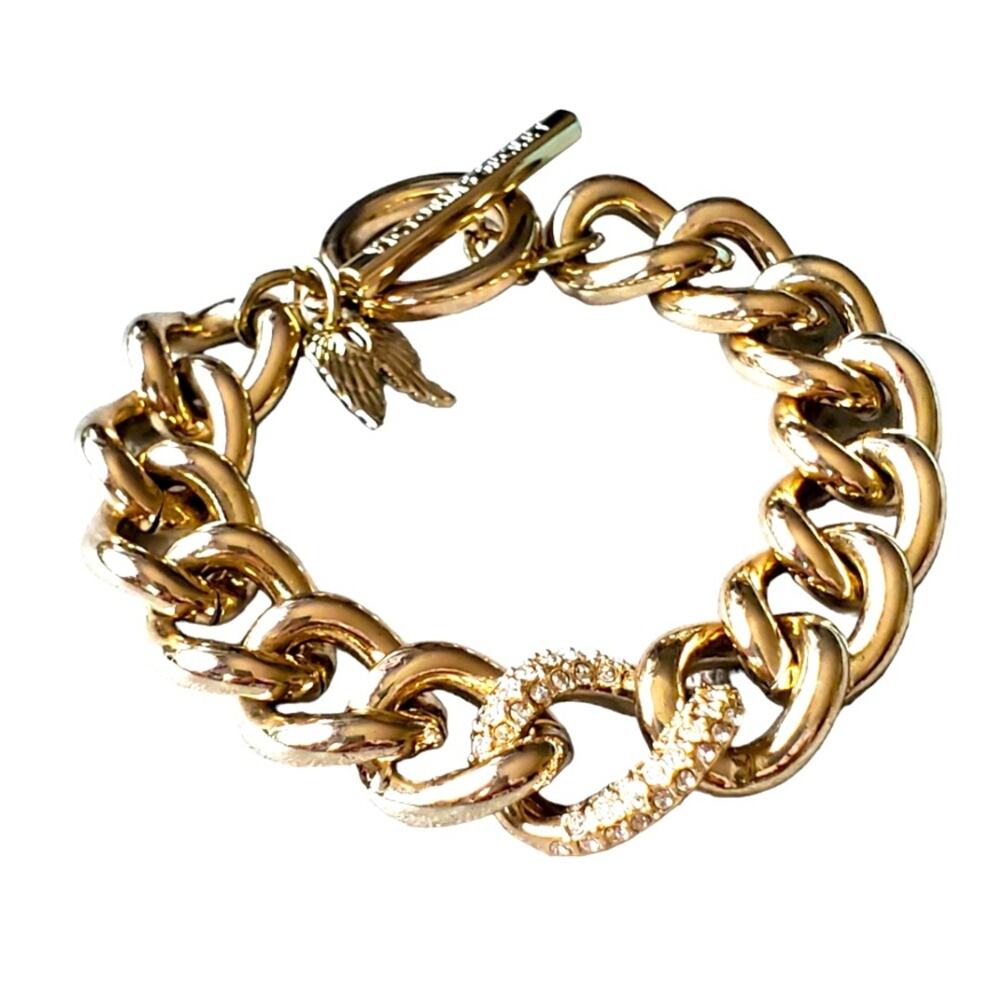 Victoria Secret VS Chain Link Bracelet Gold Tone Rhinestone Wings Chunky Metal
